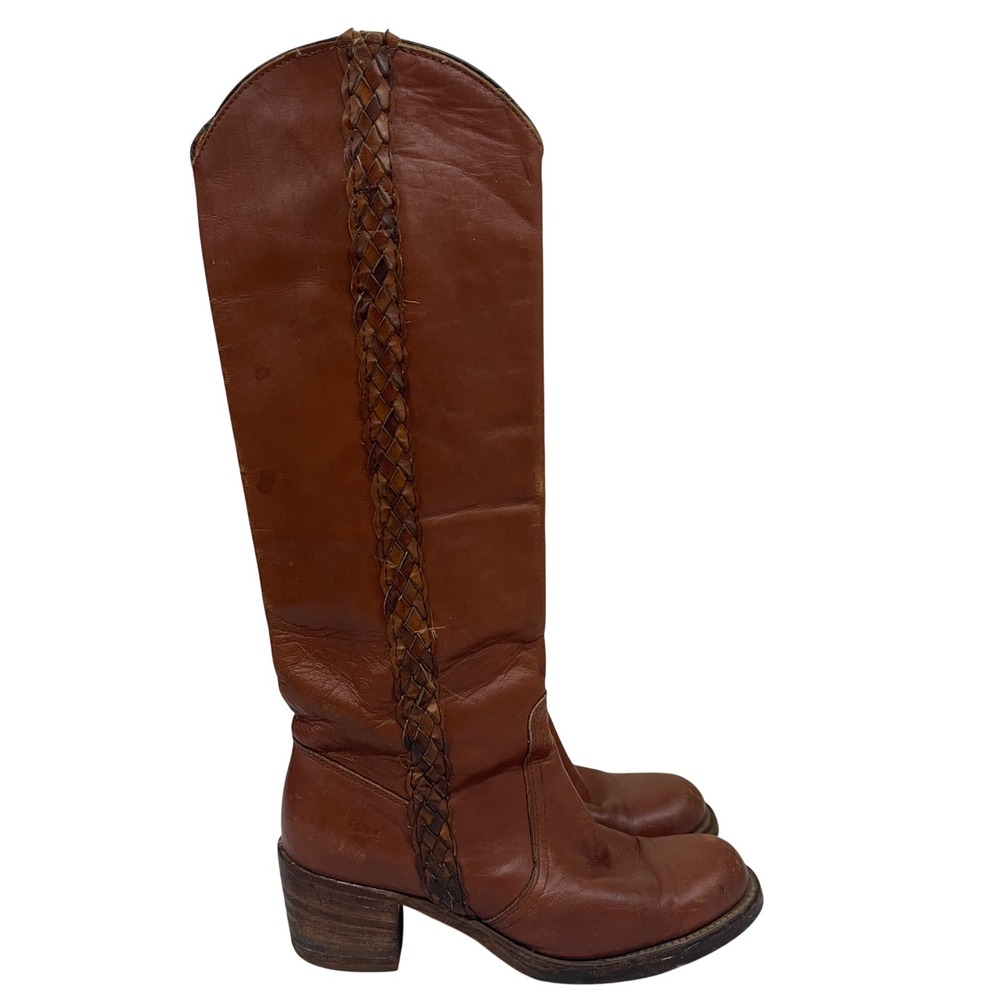 VTG‎ 70s Frye Braided Campus Boots 8549 Womens 7 B Brown Leather Knee High USA